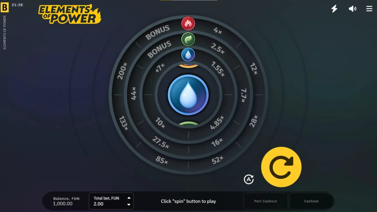 Tampilan antarmuka seluler permainan slot Elements of Power dengan elemen alam yang bercahaya