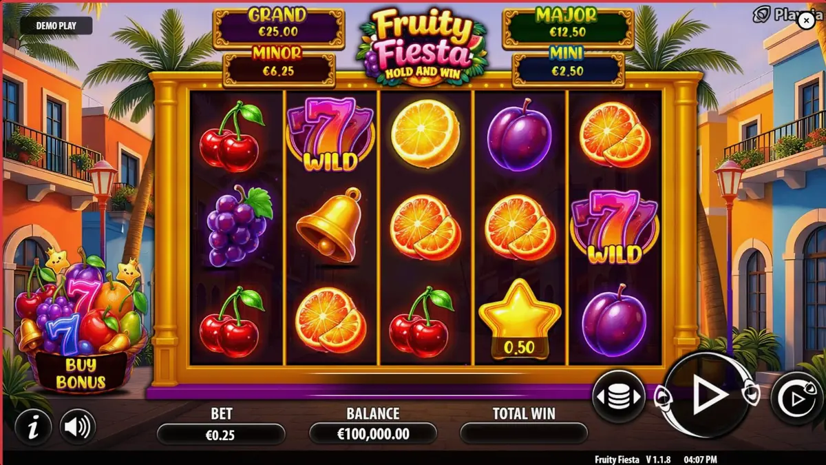 Tampilan visual slot Fruity Fiesta dengan simbol buah neon dan latar belakang karnaval